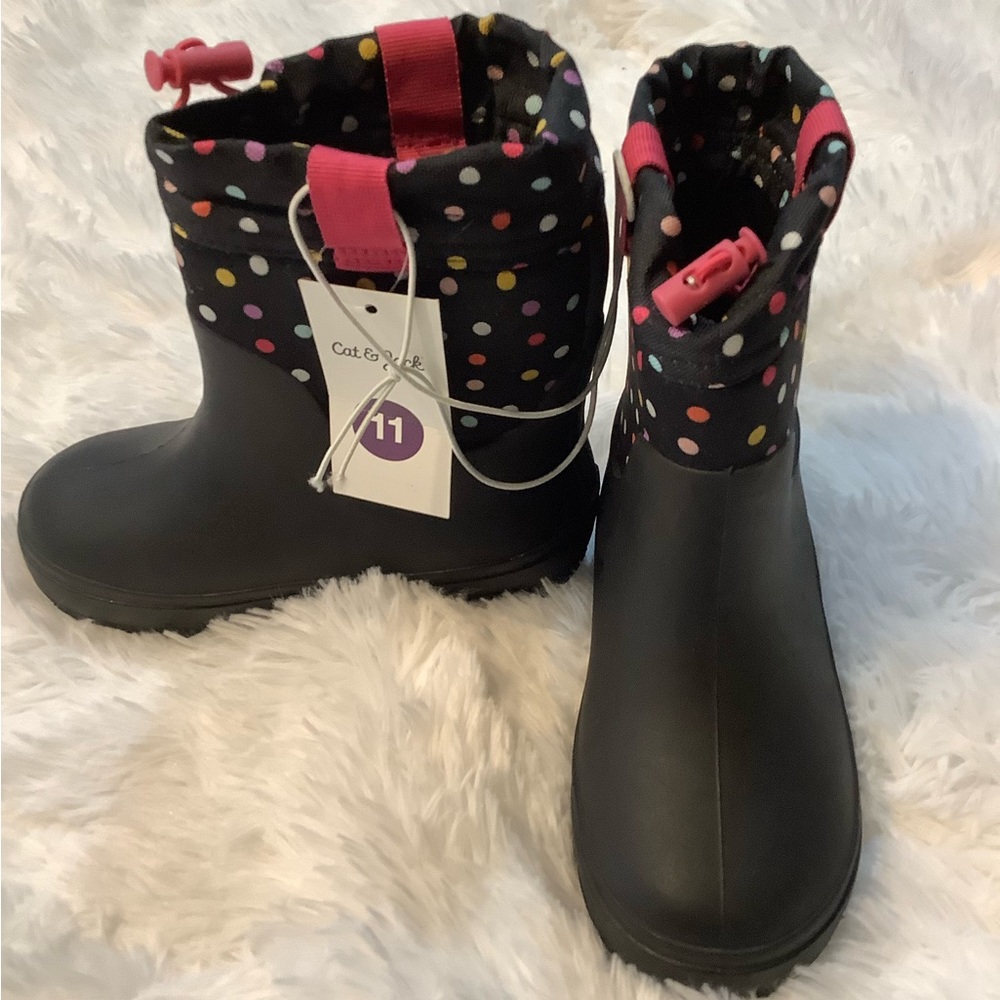 NWT Girl’s Cat& Jack Black & multi-Color polka dot rain boots Size 11 rain ☔️
